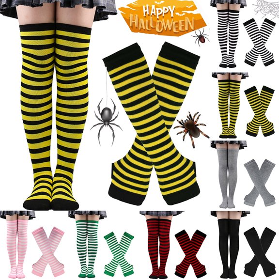 Lumistal Women's Striped Knee High Socks and Glove Over Knee Thigh High Socks and Arm Warmer Y2K Knitted Fingerless Gloves Set with Long Knee High Socks Blue One Size