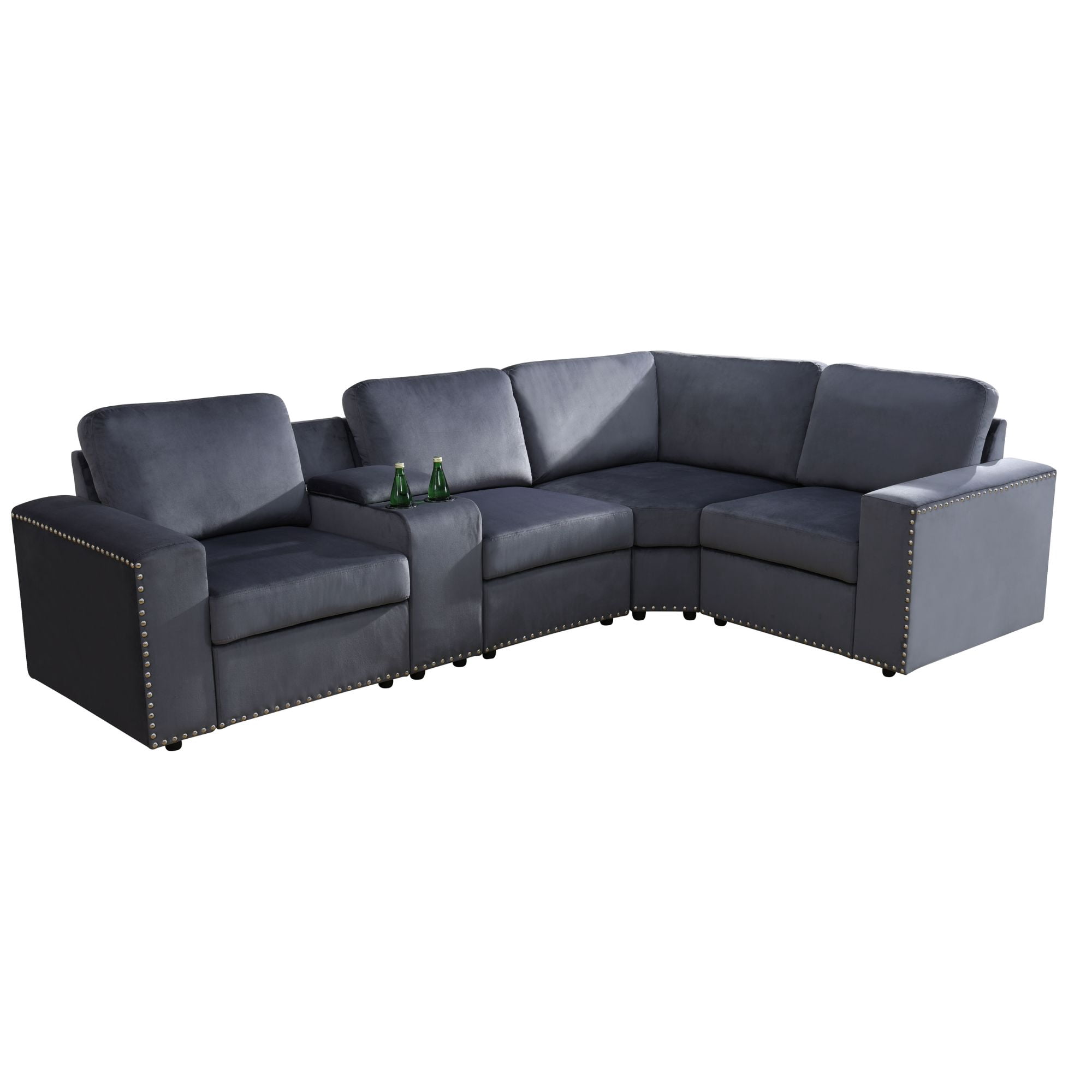 MAYEERTY Modular Corner Sofa, Flocking Fabric Couch with Console & Cup Holders, Dark Grey