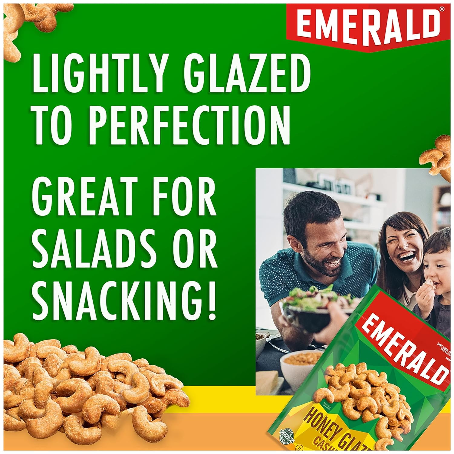 Emerald Nuts, Honey Glazed Cashews, 5 oz, Resealable Bag (Pack of 3)