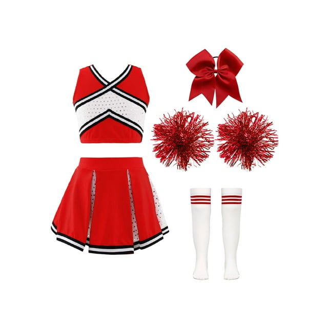 Choomomo Filles Enfants Costume de Pom-Pom Girl à Paillettes Sans Manches Haut Court de Cheerleading et Jupe Plissée Pompons Couvre-Chef Chaussettes B Rouge 10