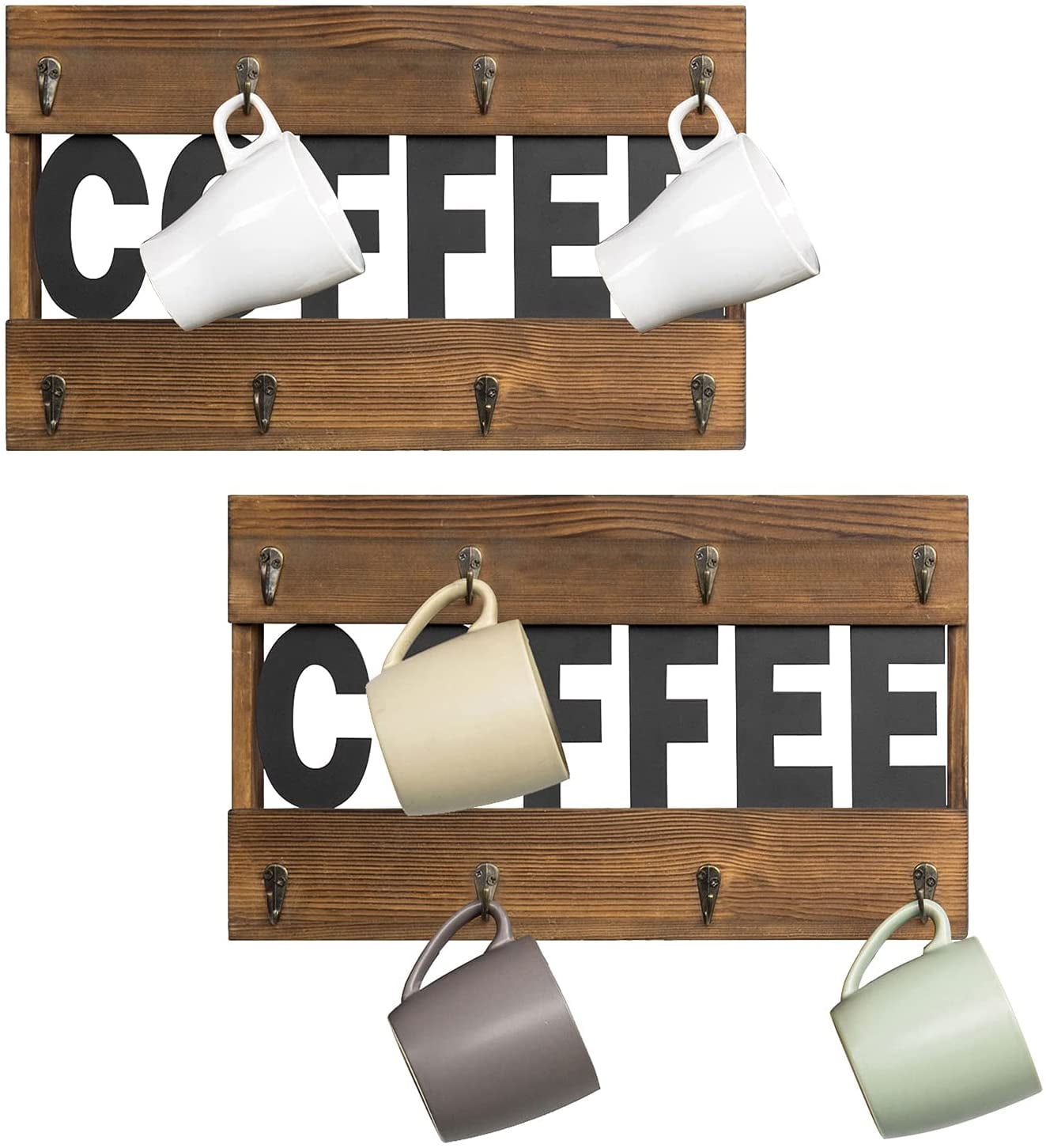MyGift Torched Wood Shelf & Industrial Pipe Hanging Mug Wall Rack with 5 Hooks