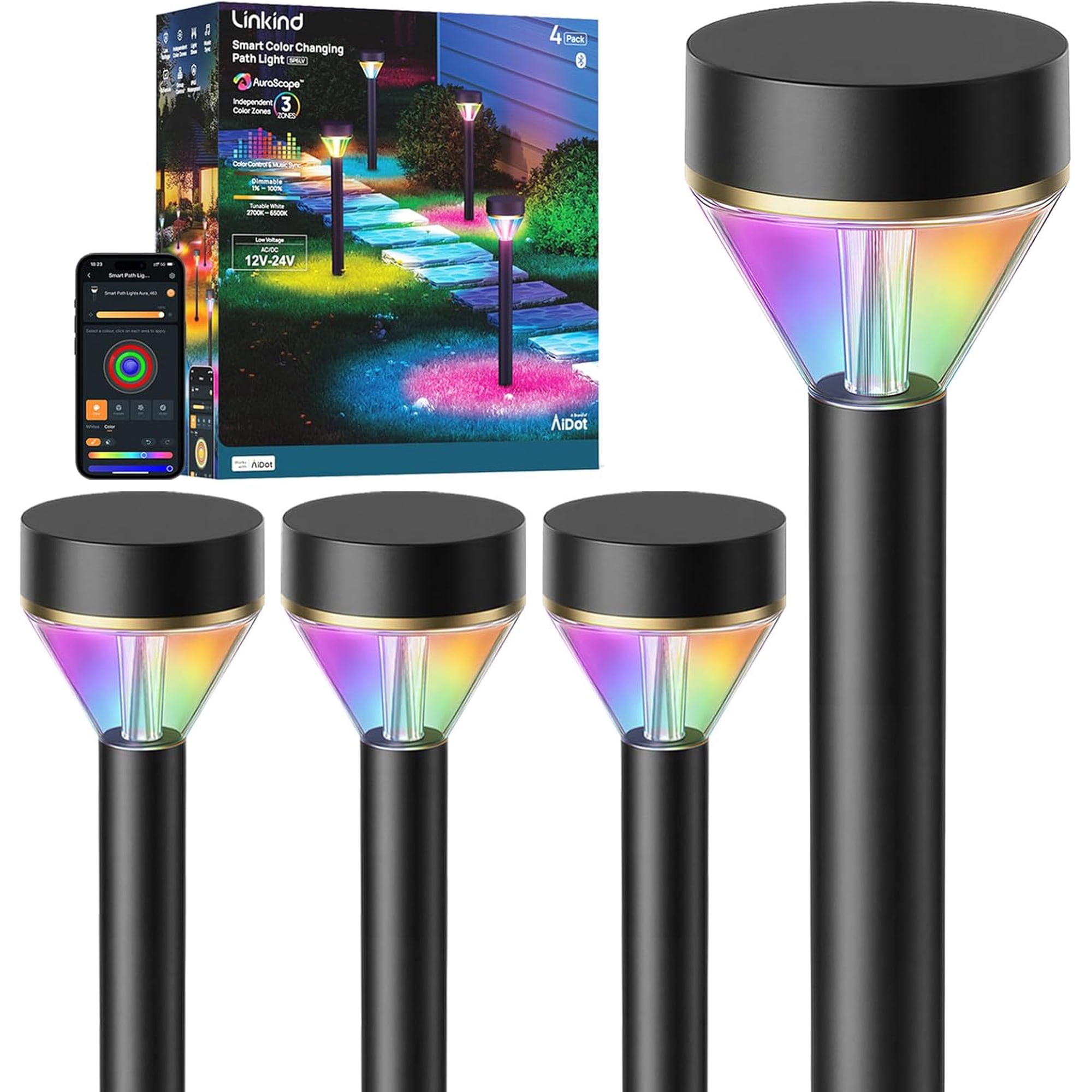 Linkind Smart Multi-Zone Landscape Path Lights SP6LV, 510LM Low Voltage (AC/DC 12-24V) Outdoor Lighting, App & Voice Control, Color Changing Lights for Garden, Walkway, Driveway, 4 Pack