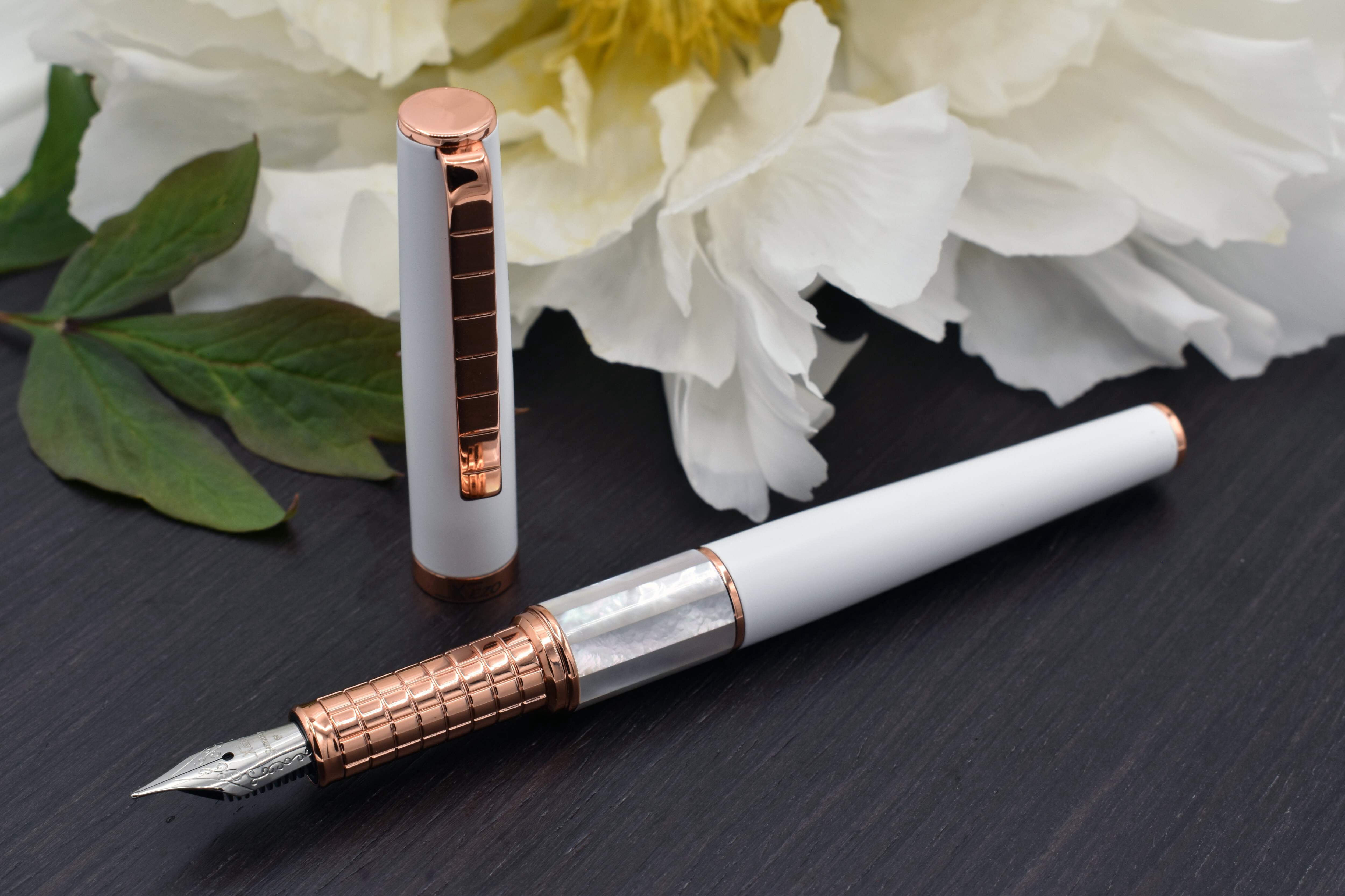 Xezo Speedmaster® White Brass Fountain Pen (Fine Nib) - With White Mother of Pearl  Rose Gold