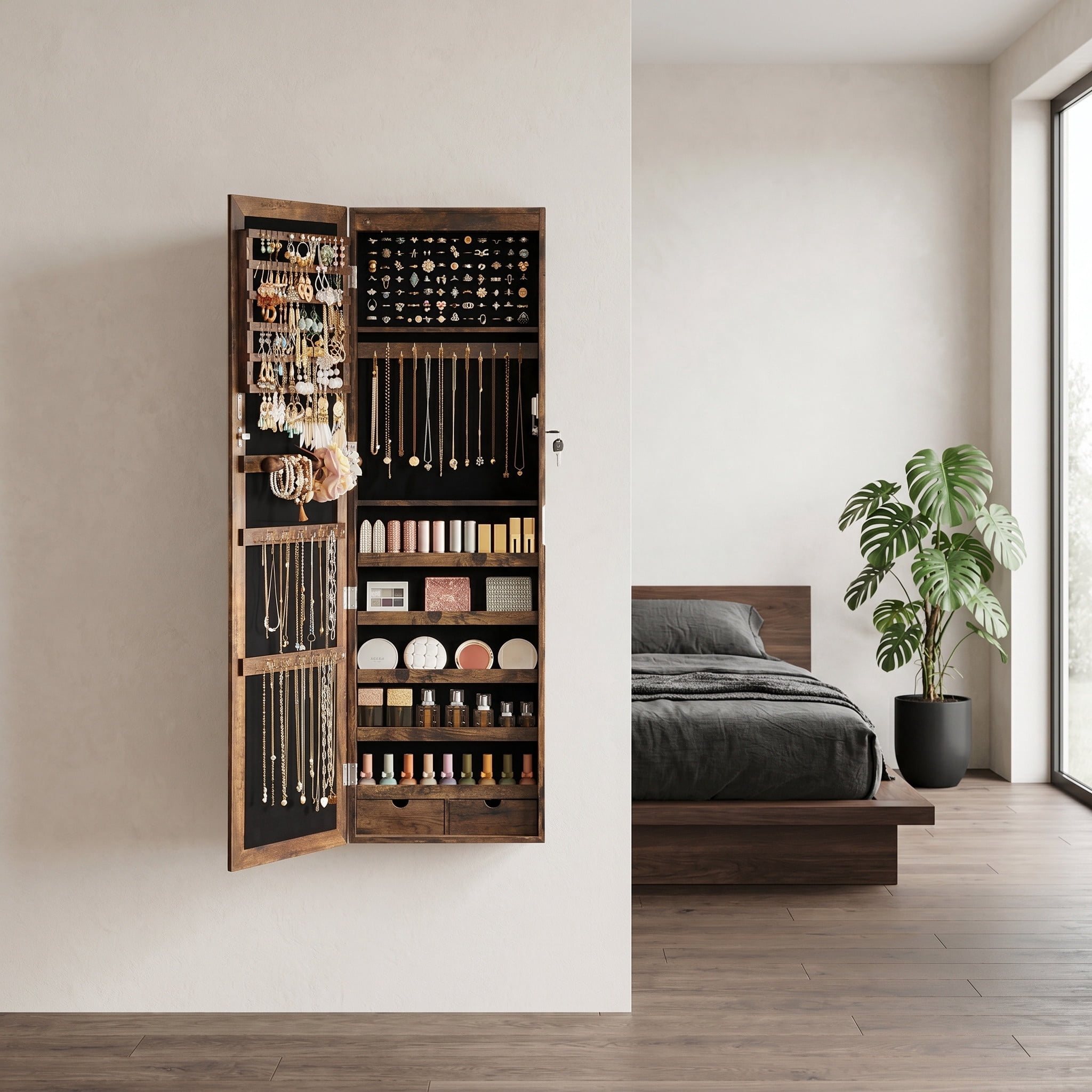 47 in. H x 14.6 in. W Rustic Brown Wall or Door Mounted Jewelry Cabinet with Full-Length Mirror, 6 LEDs and Lockable Door