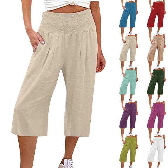 Manxivoo Women's High Waist Cotton Linen Casual Sports Pants Three Quarter Elastic Waist