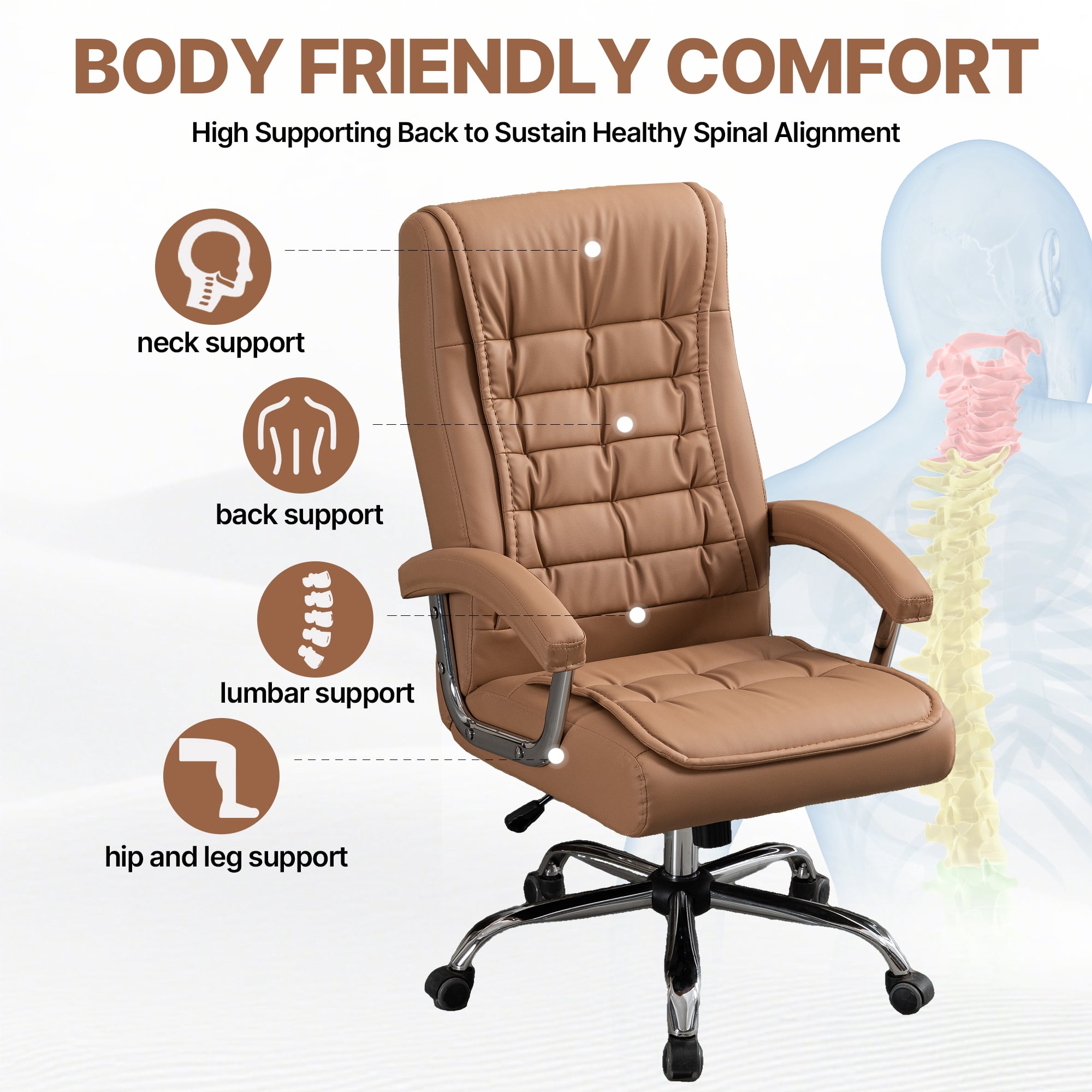 MOONMISS Executive Office Chair Adjustable Leather Chair High Back Swivel Office Desk Chair with Padded Armrest for Home Office,Camel