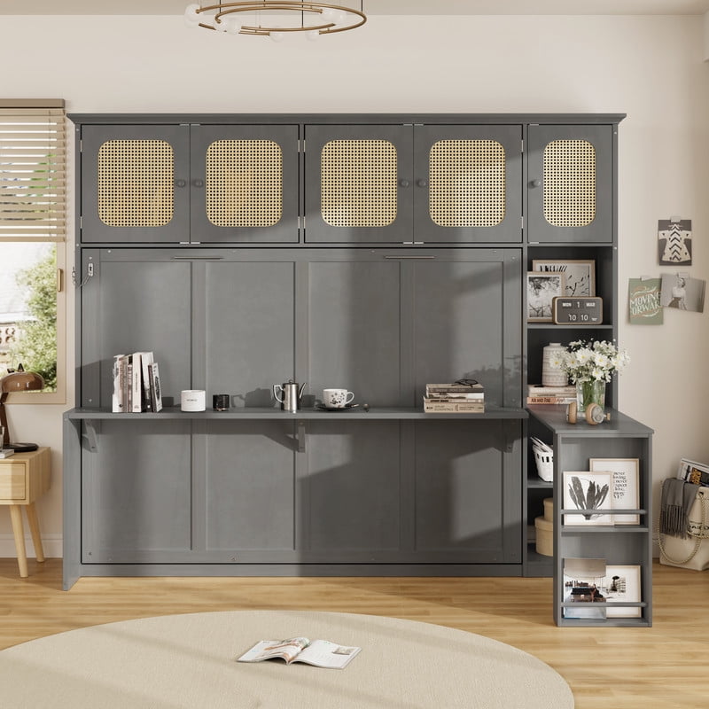 Full Size Murphy Bed with Desk and Open Shelf, Space-Saving Wall Folding Platform Bed Frame with Rattan-Door Cabinets