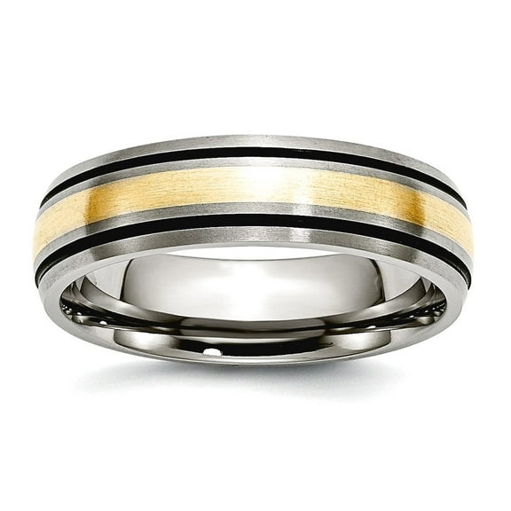 Titanium Polished Oxidized 14k Gold Inlay 6mm Brushed Antiqued Band Size 9 Ring for Women and Men