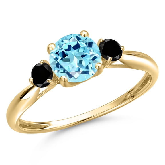Gem Stone King 10K Yellow Gold Blue Apatite and Black Diamond 3-Stone Ring for Women | 1.02 Cttw | Round 6MM | Gemstone Birthstone | Size 8
