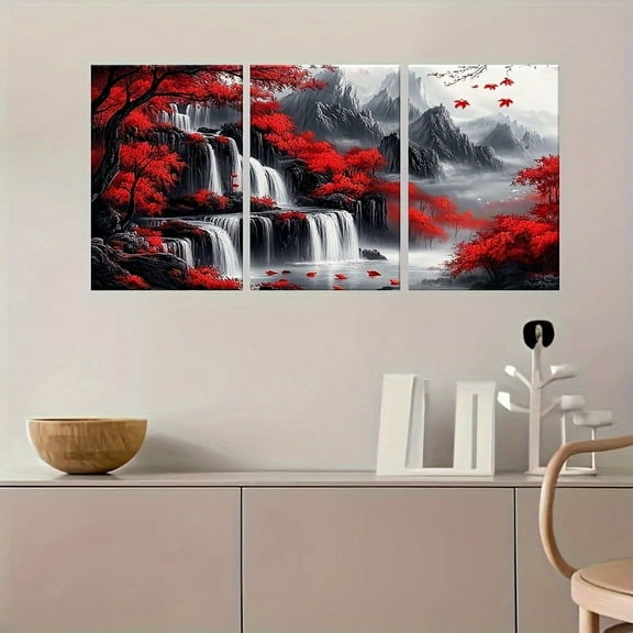 3-Piece Frameless Set Waterfall and Mangrove Canvas Art - Wall Decoration for Living Room, Bathroom, Office, Corridor, Perfect for Room Decoration, Frameless