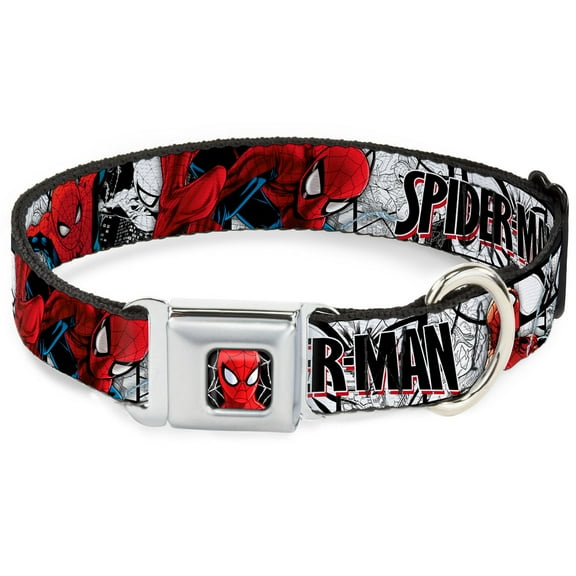 Marvel Comics Pet Collar, Dog Collar Metal Seatbelt Buckle, Spider Man Action Poses Comic Scenes White Black Red, 20 to 31 Inches 1.5 Inch Wide