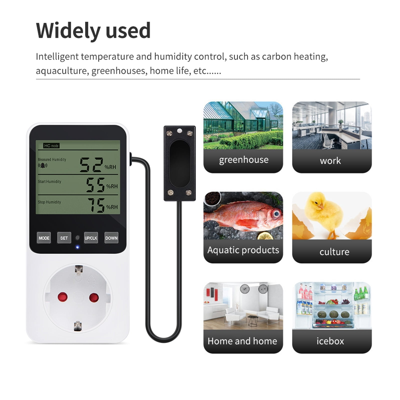 Digital Temperature Humidity Controller LCD Display Thermostat Timer Socket Heating Cooling Alarm