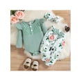 thumbnail image 3 of Douhoow Infant Girl 2Pcs Solid Jacquard Long Sleeve O-Neck Ruffle Romper+Floral Pants, 3 of 9