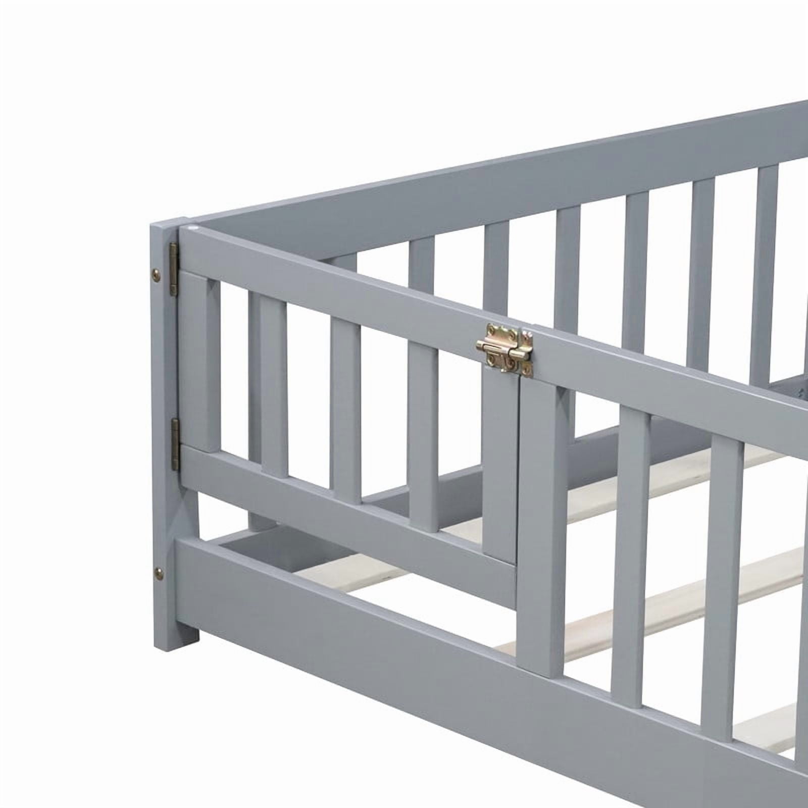 Bellemave Twin Size Floor Beds with Door, Wood Montessori Bed with Fence Railings & Support Slats, No Box Spring Needed (Gray)