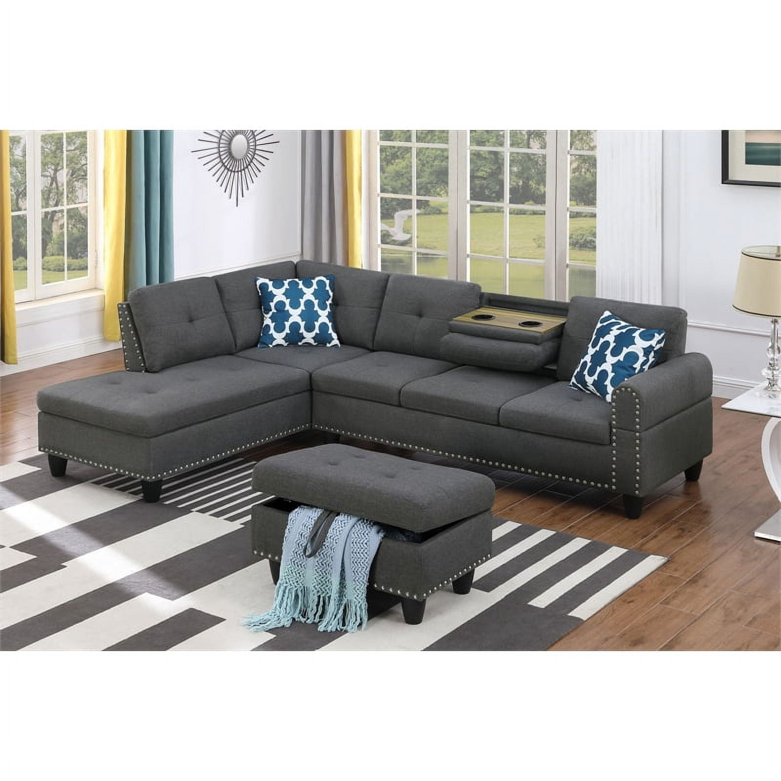 Devion Furniture Polyester Fabric Sectional Sofa with Ottoman in Gray