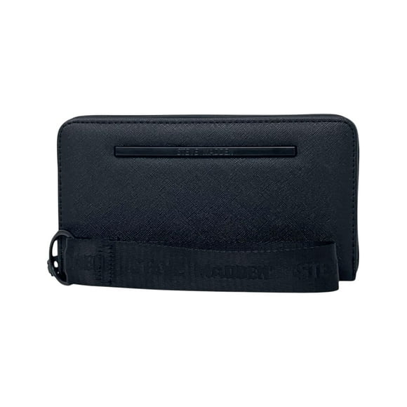 Cartera Steve Madden color negro, con correa de muñeca color negra con letras grabadas