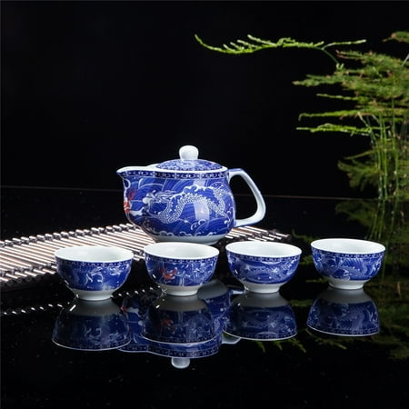 - Exquisite 5 PCS Blue-And-White Dragon Design Ceramic Tea Pot Tea Cups Set In ...