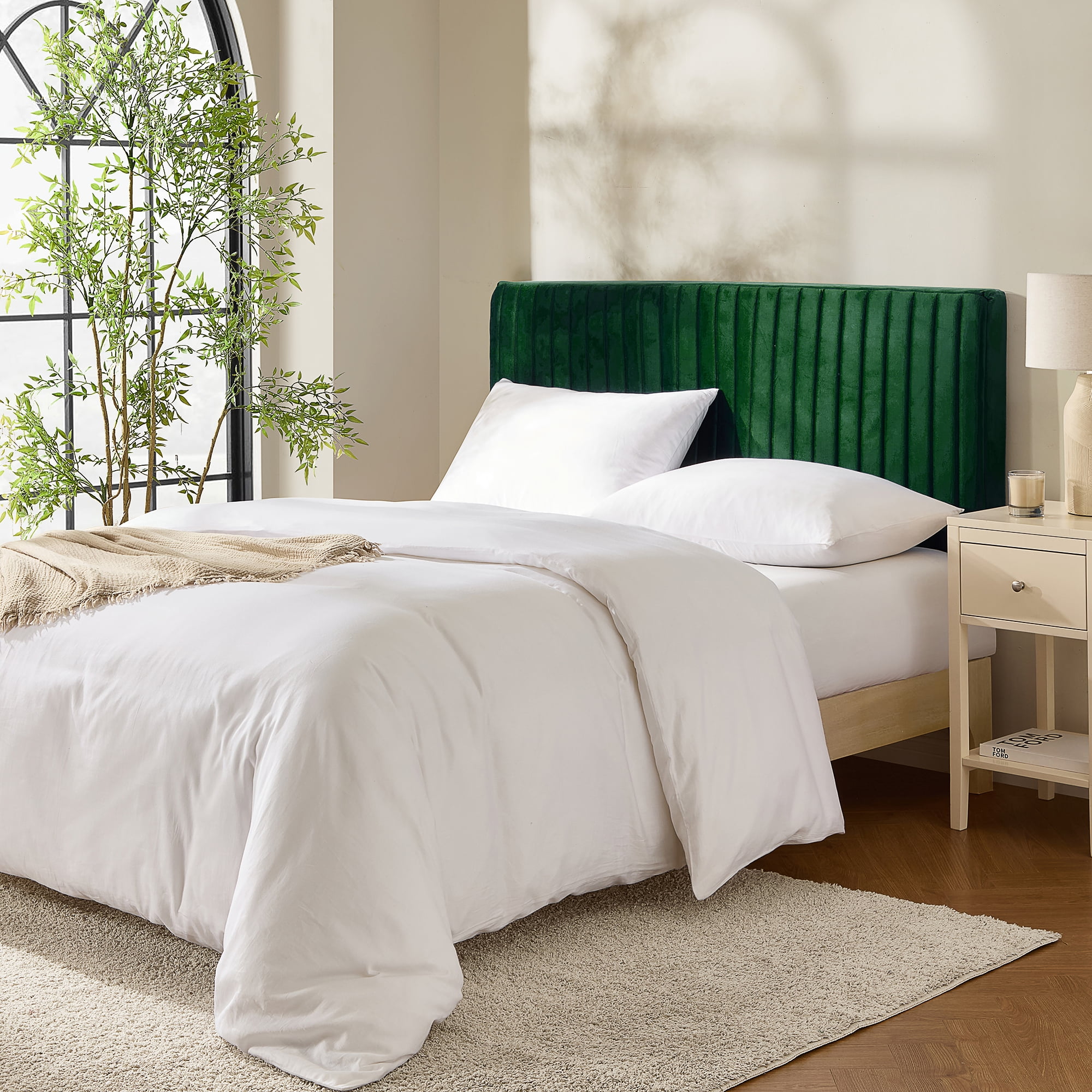 Virtu Twin Headboard No Tools Required Peel and Stick Upholstered Velvet Bed Headboard Only, Green