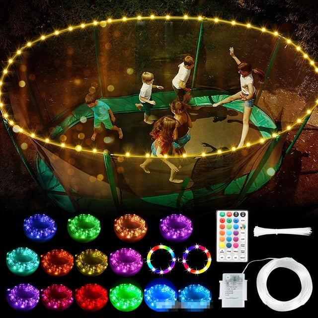 Trampoline Sprinkler for Kids with 39.4ft LED trampoline lights, featuring a 39 ft long outdoor water sprinkler and remote-controlled RGB colorful lights. Ideal for outdoor water games and yard play, the trampoline is surrounded by glowing LED lights, with children playing inside. Includes a waterproof battery box, remote control, and multicolour light options.