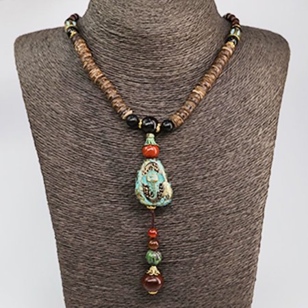 Nepal Ganesha Thangka Pendant Necklace Wood Bead Long Chain Ethnic Style Handmade Spiritual Jewelry for Men and Women