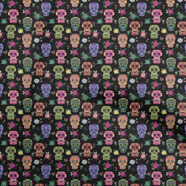 oneOone Tissu Flex Coton Noir Crâne Projets de Couture Tissu Imprimé au Mètre 40 Pouces de Large-Af