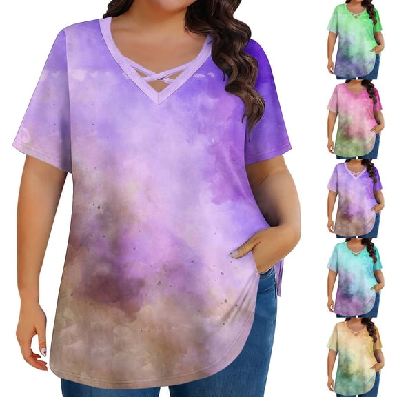 YanHoo Womens Summer Tops Tie Dye Graphic Short Sleeve Casual Shirts Criss Cross V Neck Basics Tee Trendy 2026 Plus Size Tshirt Purple,XXL