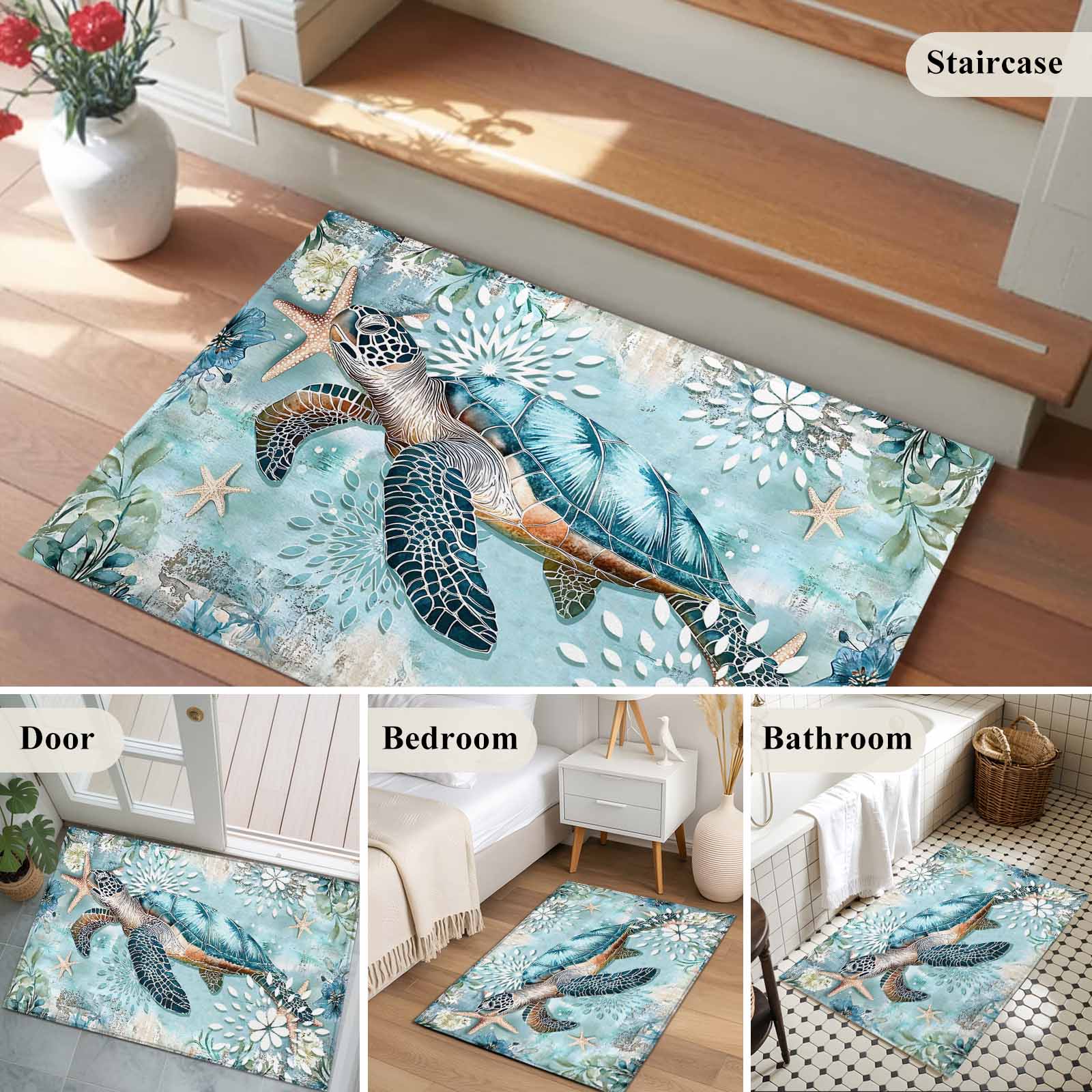 Entrance Runner Rug 2'x3',Sea Turtle Coastal Non-slip Doormat for Indoor Outdoor Entrance,Vintage Teal Nautical Beach Botanical Throw Floor Mat for Front Door/Living Room/Bedroom/Bathroom/Kitchen