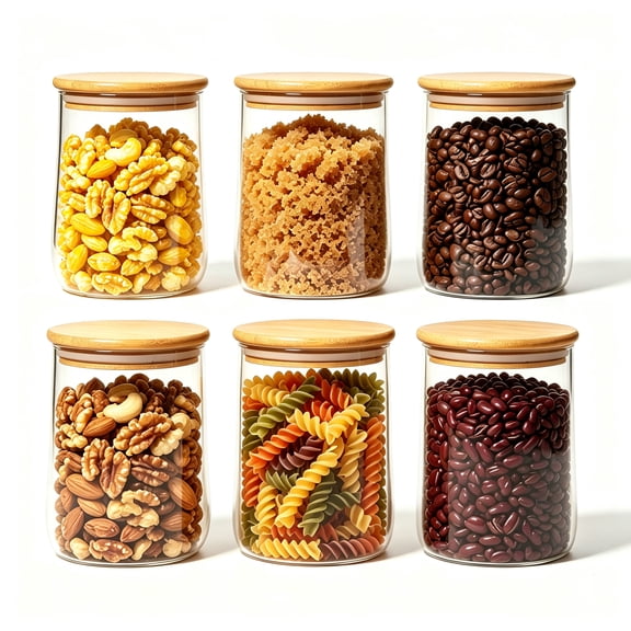 ComSaf 6 Pack 1 Qt Clear Round Glass Canisters with Lids Pantry Storage Jars for Flour Rice Pasta Coffee Tea Cookies