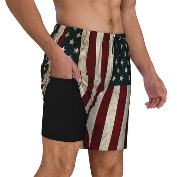 Mens Swim Trunks America Flag Quick Dry Board Shorts with Compression Liner
