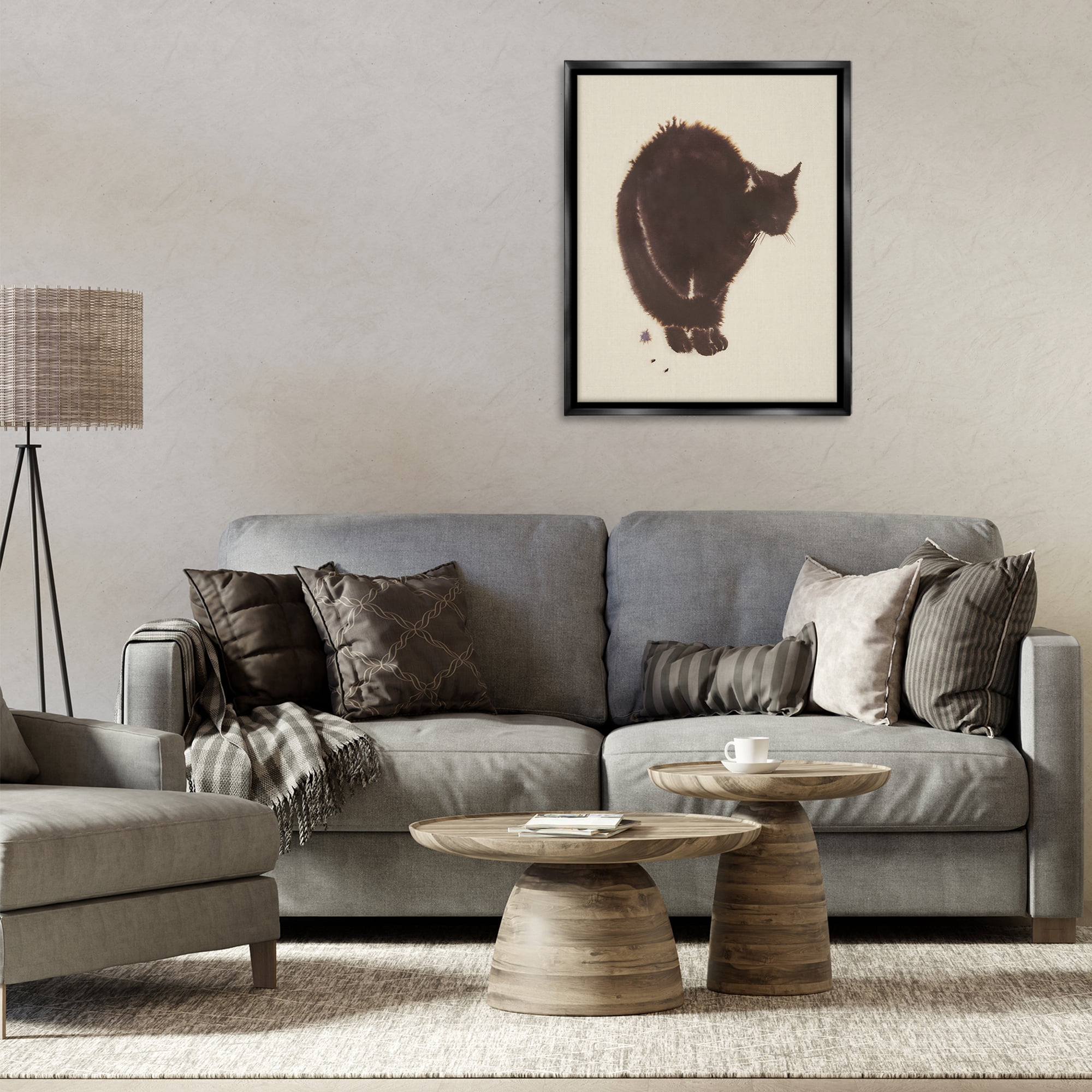 Stupell Industries Minimal Cat on Beige Animals Painting Black Floater Framed Canvas Art Print Wall Art, 25 x 31