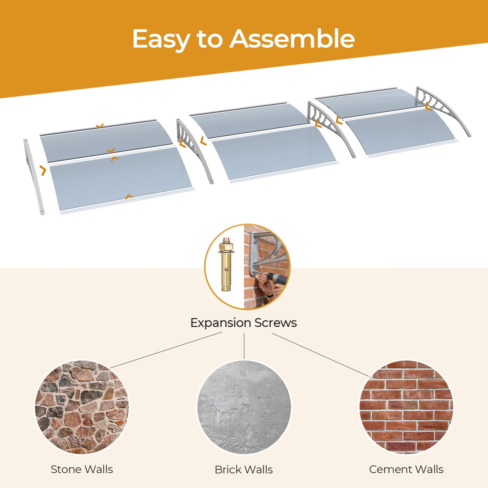 38×120 Inch Clear Polycarbonate Door Window Awning, Rust-Proof PP Bracket & Aluminum Bar Outdoor Rain Snow UV Protection Canopy for Entryway Patio AC Unit
