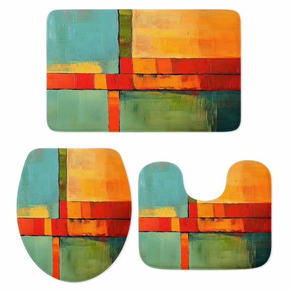 Teal Orange Geometric Bath Mat 3 Piece Bathroom Rug Set, Contemporary Oil Painting Art Non Slip Bath Rug Contour Mat and Toilet Lid Cover, Absorbent Shower Mats Soft Bath Rugs and Mats Sets