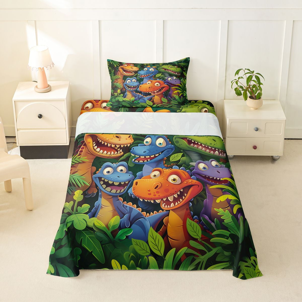 Homewish Cute Cartoon Dino Family Twin Sheets Green Jungle Wildlife Bedding 3-Piece 1 Fitted Sheet and 1 Pillowcase