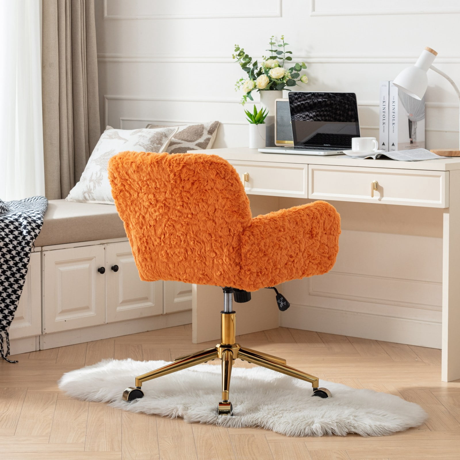 GAKMCIL Artificial Alpaca Wool Home Office Chair, Ergonomic Desk Chair, Vanity Chair with 360 ° Swivel, Arm, Golden Metal, Chassis can be Tilted 40°, 300lb Load for Study, Office, Bedroom (Orange)