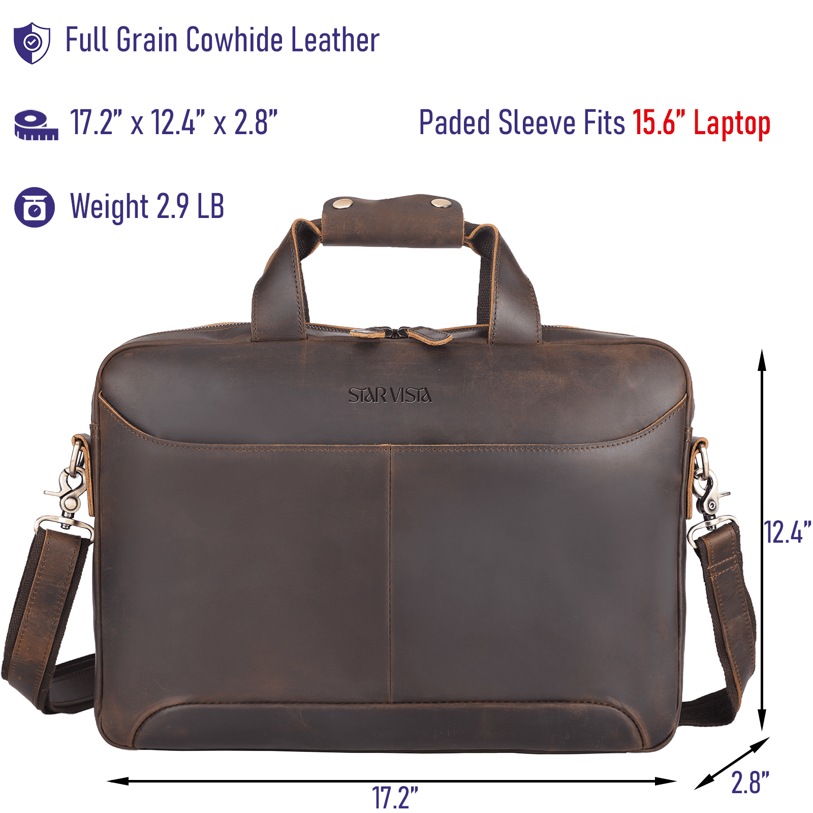 STAR VISTA Vittorio Slim Laptop Messenger Bag, Full Grain Leather Briefcase for Men, Dark Brown, Fits 15.6" Laptop, YKK Zippers, Brass Hardware