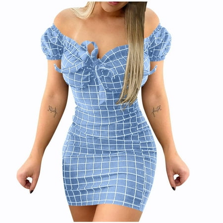 Efsteb Bodycon Dresses for Women Plaid Print Dress Elegant One Shoulder Dresses Short Sleeve Dress Trendy Formal Stretch Slim Bag Hip Cocktail Party Short Mini Dress Clearance Blue S