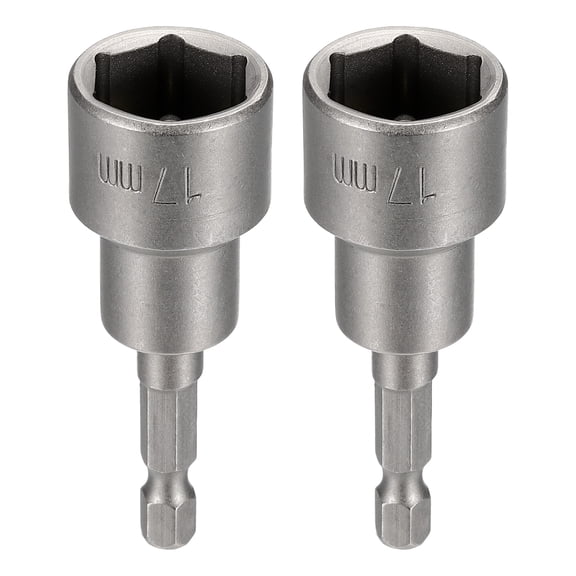 Uxcell 2pcs Nut Driver Drill Bit 17mm Metric Socket 1/4" Hex Shank 2.56" (65mm) Magnetic 6-Point Sockets Quick Change Cr-V Steel Bolt Setters for Power Drill Drivers, Gray