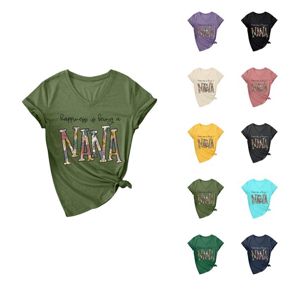 Hapiness Is Being A Nana Womens Tshirts 2026 Summer Casual Short Sleeve V Neck Cute Grandma Graphic Tees Mother's Day Shirt