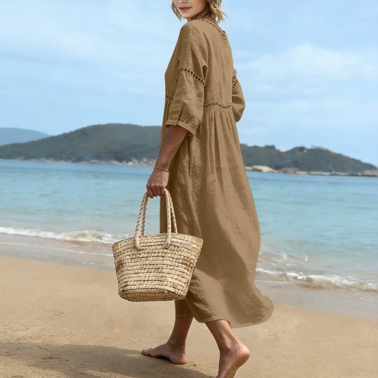 3 4 sleeve cotton maxi dress lcziwo Women's Cotton Maxi Dresses 3/4 Sleeve V Neck Lace Trim Dress Flowy Ruched Summer Beach Dresses 2026 Coffee,XS, Brown