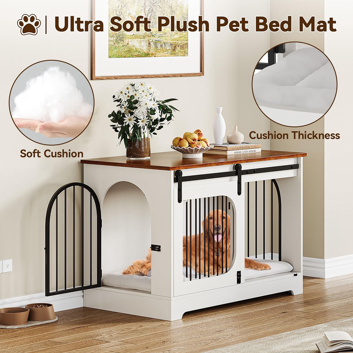 Ataucjin 39.4" Dog Crate Furniture, Dog Kennel for Dogs Up to 70 Lb, with Bed Mat, Heavy-Duty Dog Cage End Table, Three Doors Dog House