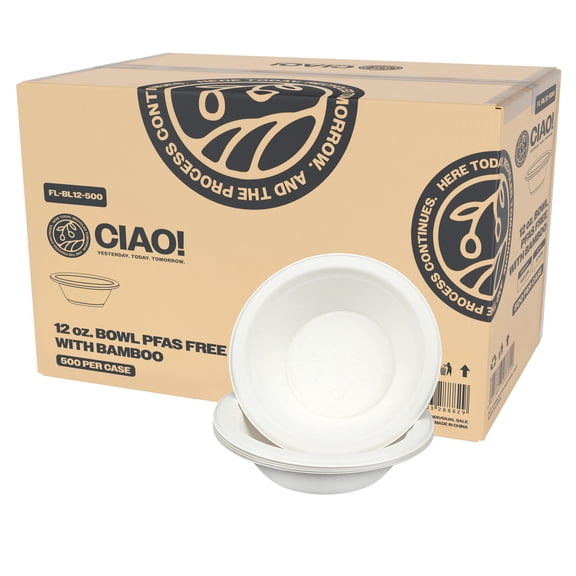 CIAO! 12oz Heavy Duty Bowl 100% Compostable Ecofriendly Unbleached Bagasse Natural White Pack of 500