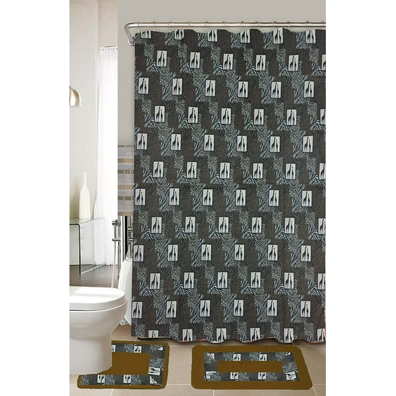 Jungle Black & Gray 15-Piece Bathroom Accessory Set 2 Bath Mats Shower Curtain & Rings