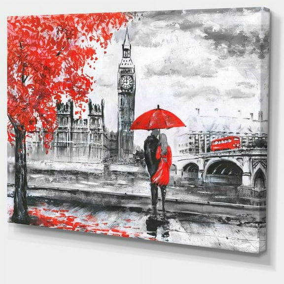 Design Art 'Couples Walking in London' Graphic Print on Canvas In Red/Gray