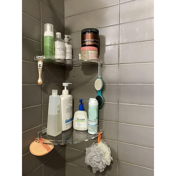 Acrylic Corner Shower Caddy Shelf with Hooks 2 Pack, Adhesive Wall Mounted Bathroom Shower Organizer for Inside Shower & Kitchen Storage, Space-Saving Design