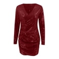 thumbnail image 4 of YMNXA Womens Dress Long Sleeve V Neck Solid Color Sequin Elegant Comfortable Dresses For Party Red Xl, 4 of 5