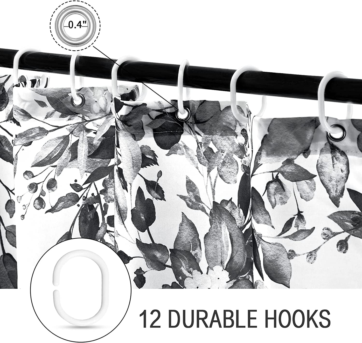 Small Stall Shower Curtain 36 x 72, Narrow Black and White Floral Shower Curtain, Watercolor Plant Eucalyptus Leaves Fabric Shower Curtain Set with Hooks