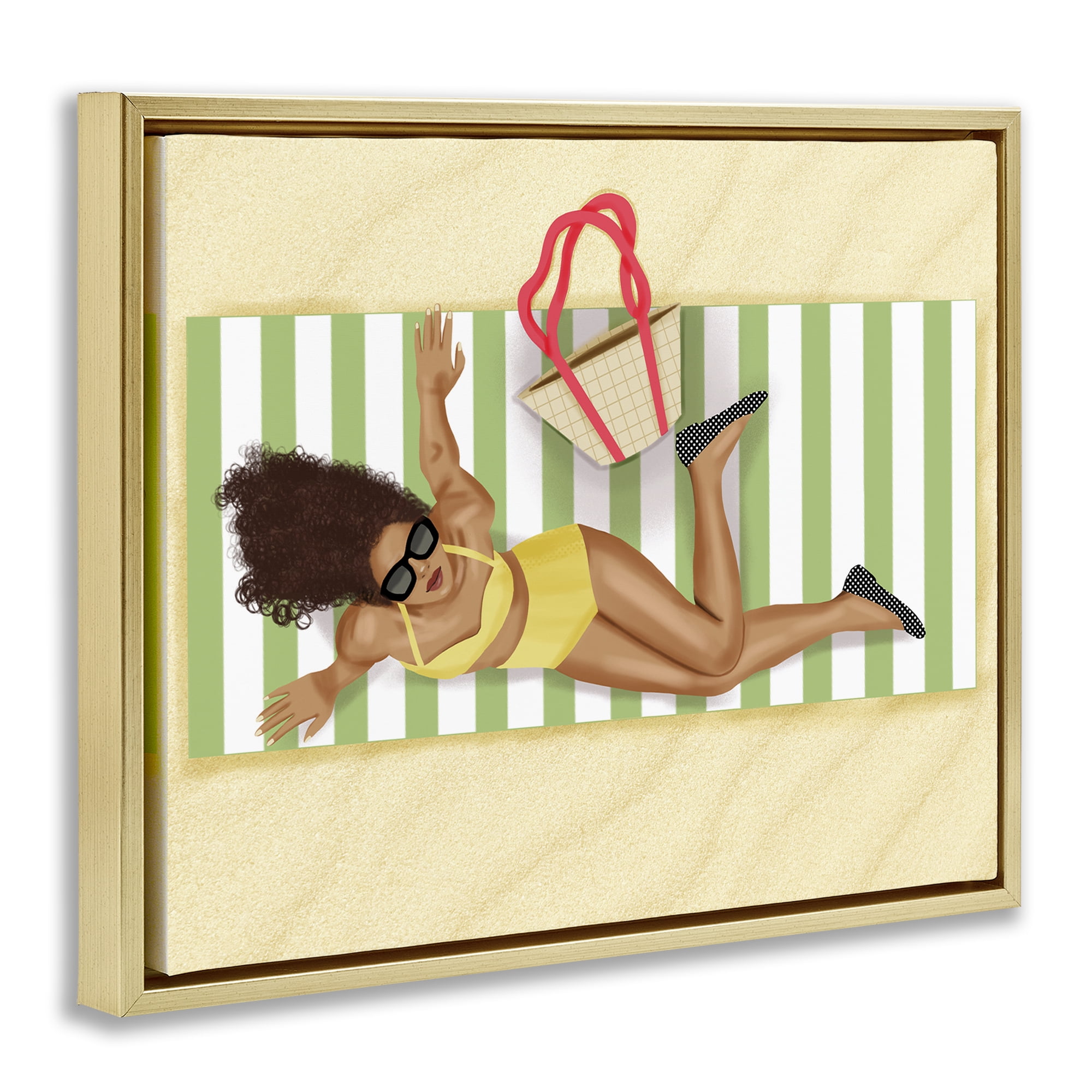 Stupell Industries Woman on Beach Blanket People Painting Gold Floater Framed Canvas Art Print Wall Art, 21 x 17