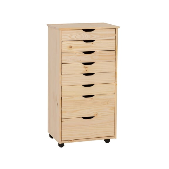 Callie 8 Drawer Rolling Storage Cart Recessed Handles in Unfinished Pine Wood