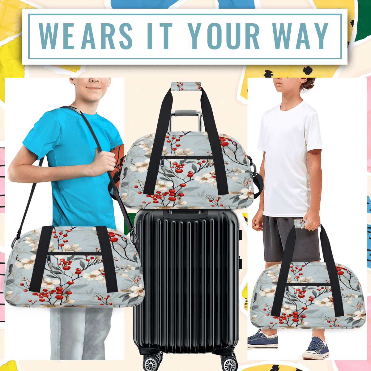 Herdesigns Vintage Flower Sports Duffle Bag for Women & Men, Fruit Floral Gym Bag Dance Bag Overnight Bag Carry On Weekender Travel Bag