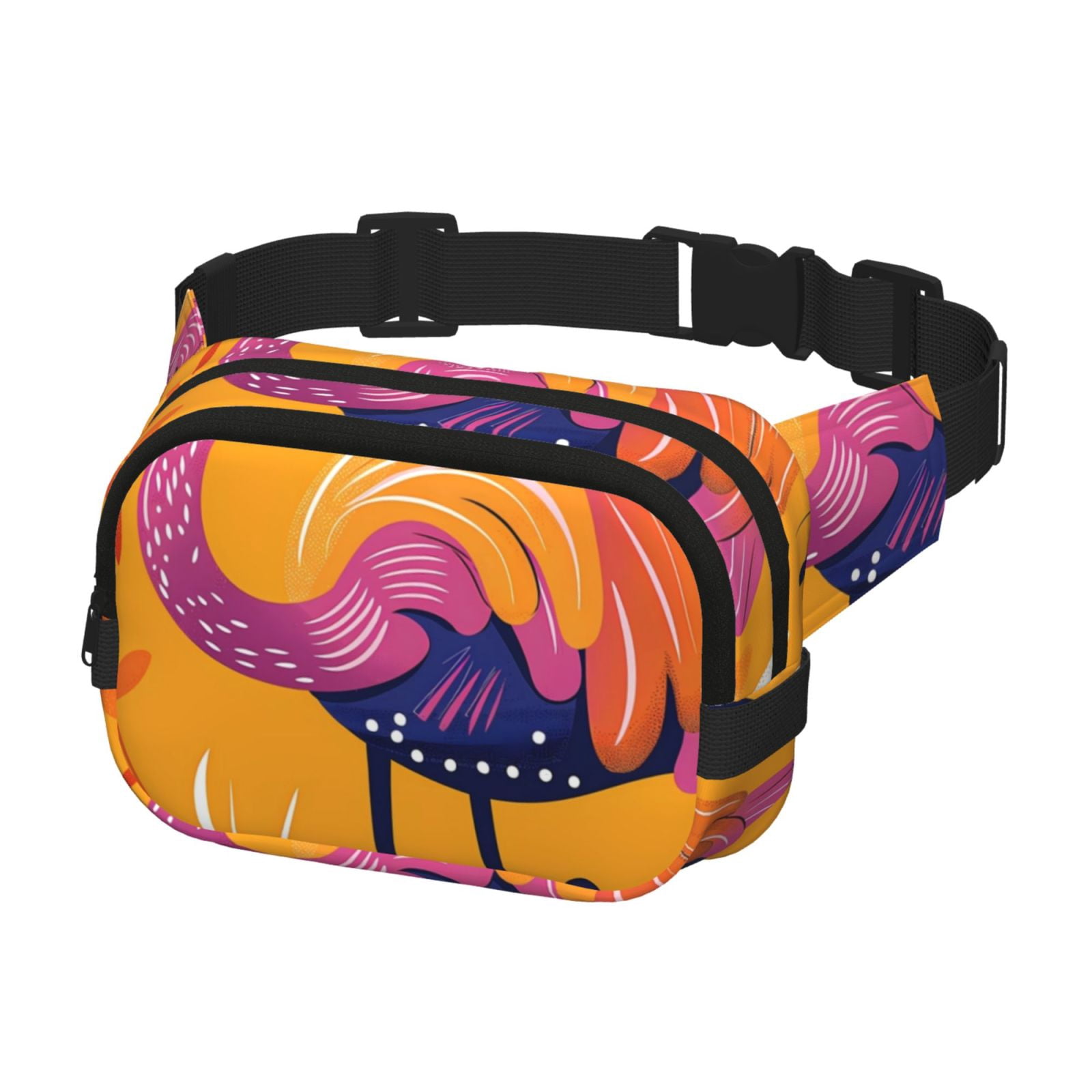 Picia Vibrant Flamingo Illustration Print Square Double-Layer Waist Bag Mini Adjustable Waist Belt Bag Exercise Running Travel Hiking